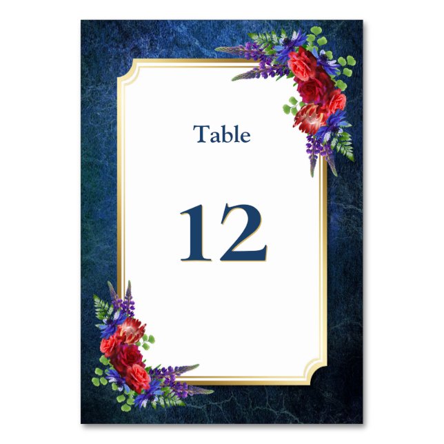 Burgundy Rose Floral Gold Border Blue Wedding Table Number (Front)