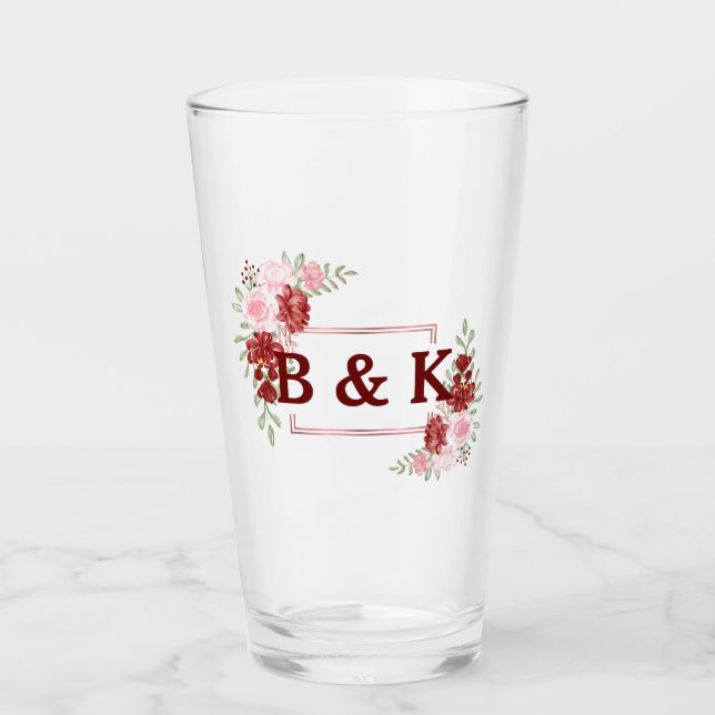 Burgundy & Rose Floral Wedding Glass (Front)