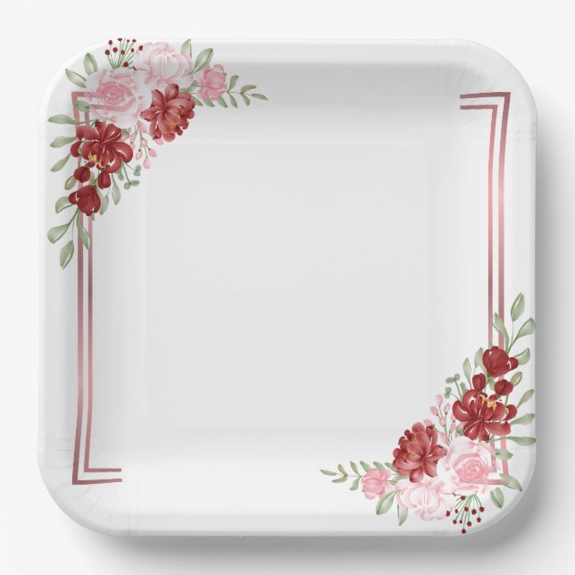Burgundy & Rose Floral Wedding Paper Plate (Front)