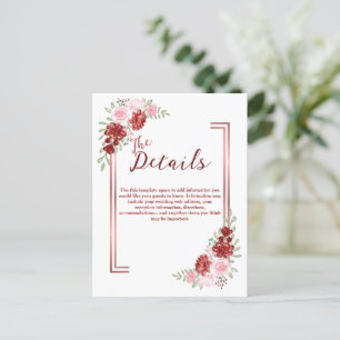 Burgundy & Rose Floral Wedding Postcard