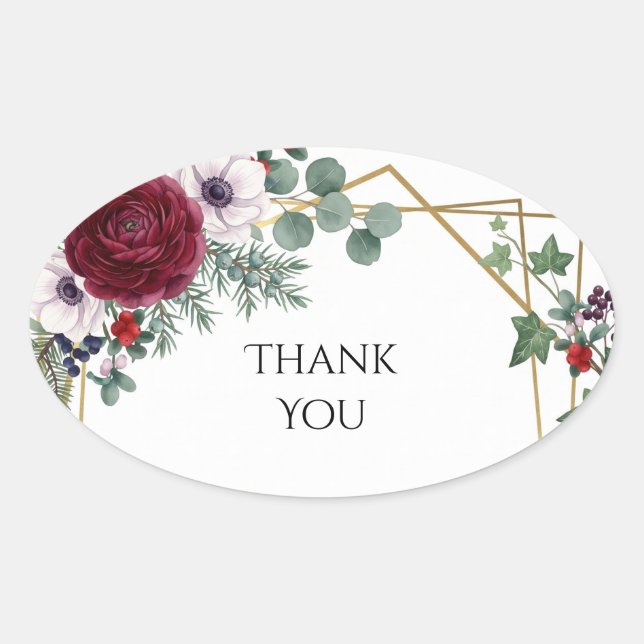 Burgundy Rose Geometric Wedding Thank You Sticker (Front)
