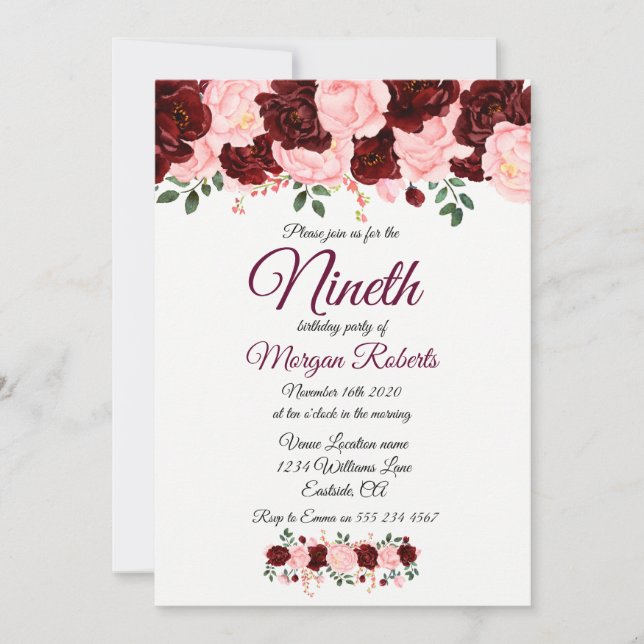 Burgundy Rose Girls 9e anniversaire Invitation de  (Devant)