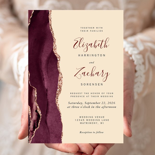 Burgundy Rose Gold Agate Champagne Wedding Invite (Creator Uploaded)