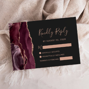 Burgundy Rose Gold Agate Dark Wedding RSVP Card