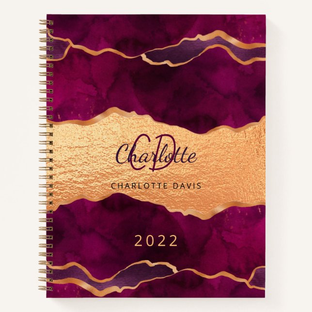 Burgundy rose gold agate marble name notebook (Front)