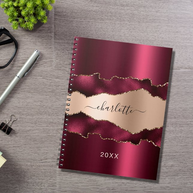 Burgundy rose gold agate marble name script notebook (Creator Uploaded)