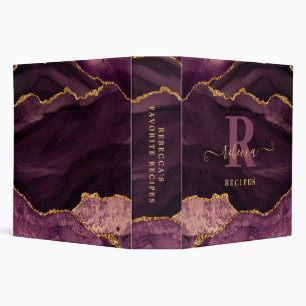 Burgundy Rose Gold Agate Monogram Script Recipe Binder