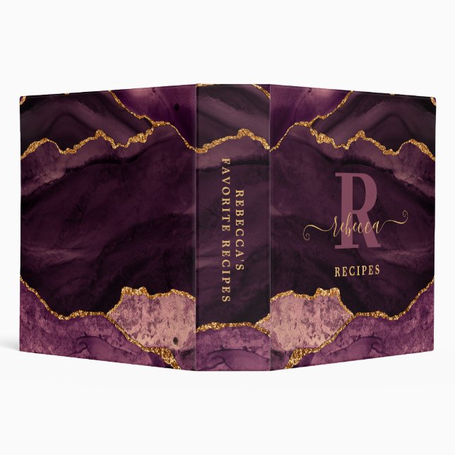 Burgundy Rose Gold Agate Monogram Script Recipe Binder (Background)