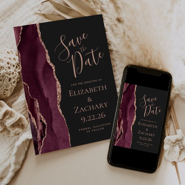 Burgundy Rose Gold Agate Save the Date Card (Creator Uploaded)