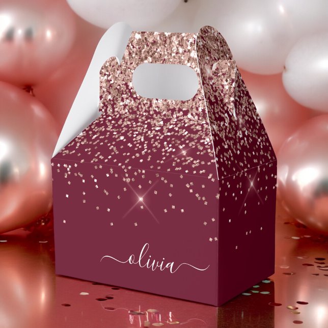 Burgundy Rose Gold Blush Pink Glitter Monogram Favor Box (Creator Uploaded)
