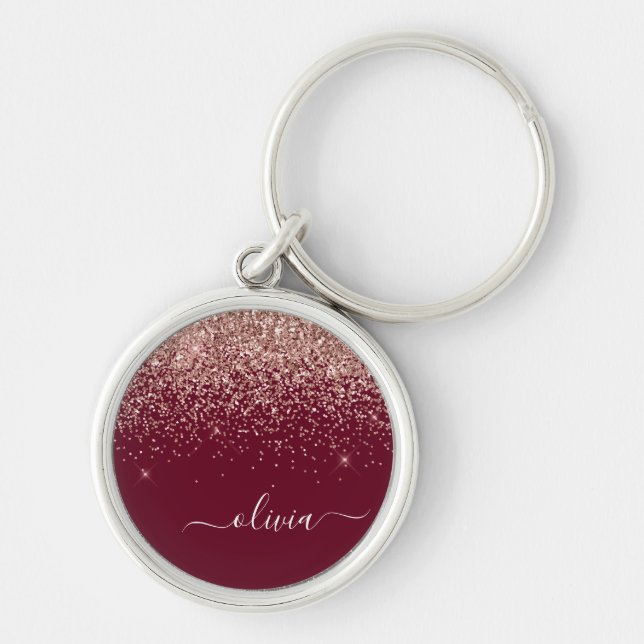 Burgundy Rose Gold Blush Pink Glitter Monogram Keychain (Front)