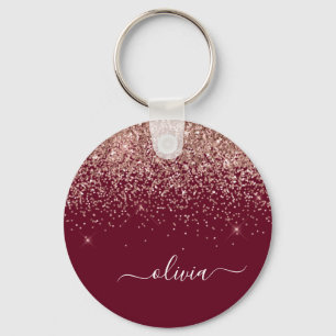 Burgundy Rose Gold Blush Pink Glitter Monogram Keychain