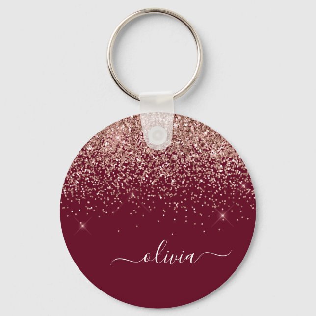 Burgundy Rose Gold Blush Pink Glitter Monogram Keychain (Front)