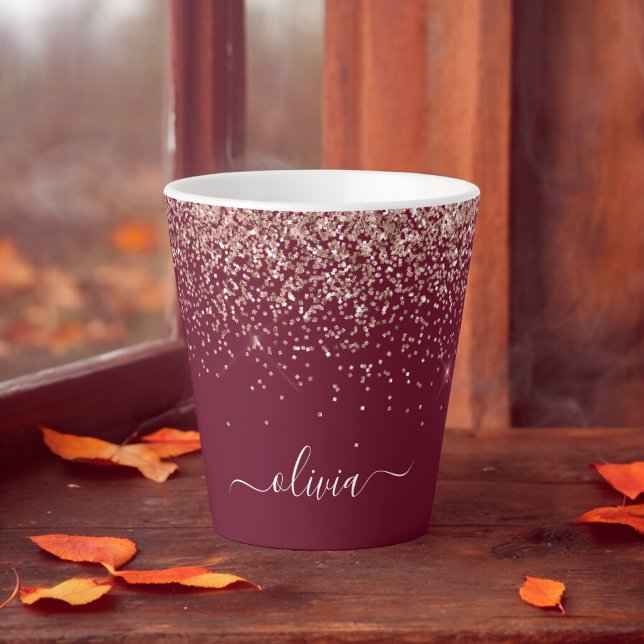 Burgundy Rose Gold Blush Pink Glitter Monogram Latte Mug (Creator Uploaded)