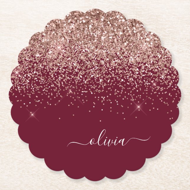 Burgundy Rose Gold Blush Pink Glitter Monogram Paper Coaster (Front)
