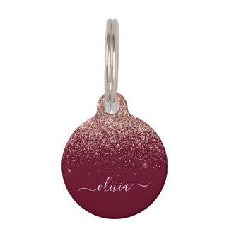Burgundy Rose Gold Blush Pink Glitter Monogram Pet Tag