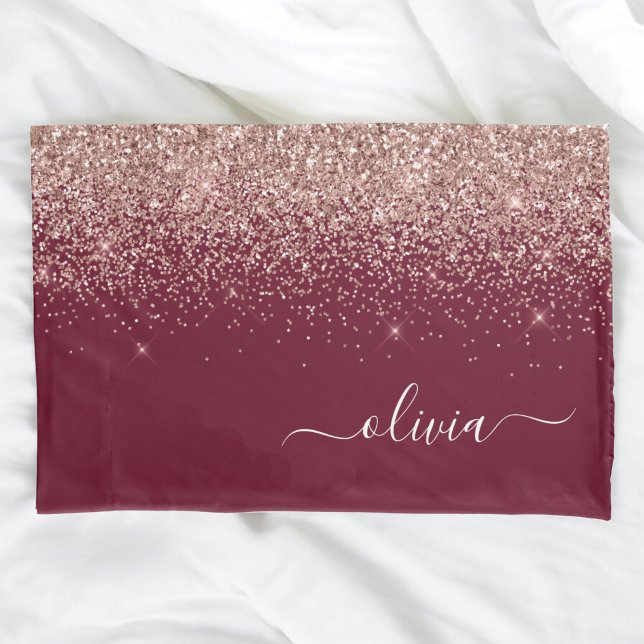 Burgundy Rose Gold Blush Pink Glitter Monogram Pillowcase (Creator Uploaded)