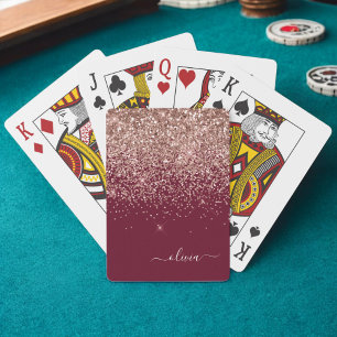 Burgundy Rose Gold Blush Pink Glitter Monogram Playing Cards