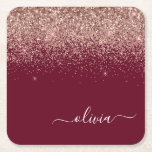 Burgundy Rose Gold Blush Pink Glitter Monogram Square Paper Coaster<br><div class="desc">Burgundy and Rose Gold - Blush Pink Sparkle Glitter Script Monogram Name Paper Coasters. This makes the perfect graduation,  birthday,  wedding,  bridal shower,  anniversary,  baby shower or bachelorette party gift for someone that loves glam luxury and chic styles.</div>