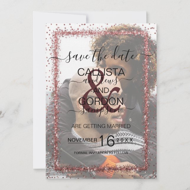 Burgundy Rose Gold Confetti Photo Wedding Save The Date (Front)