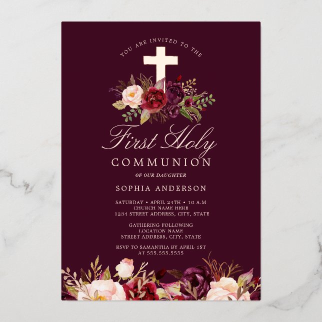 Burgundy Rose Gold Cross Girls First Communion  (Front)