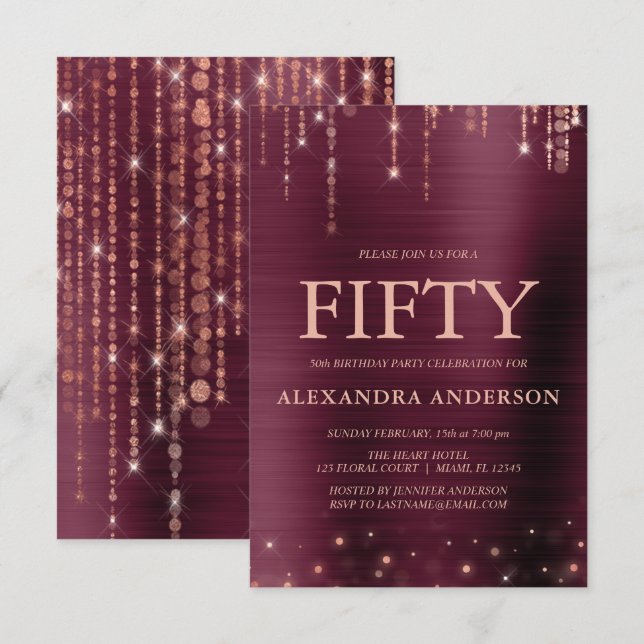 Burgundy Rose Gold Fifty 50th Birthday Party Invitation (Front/Back)