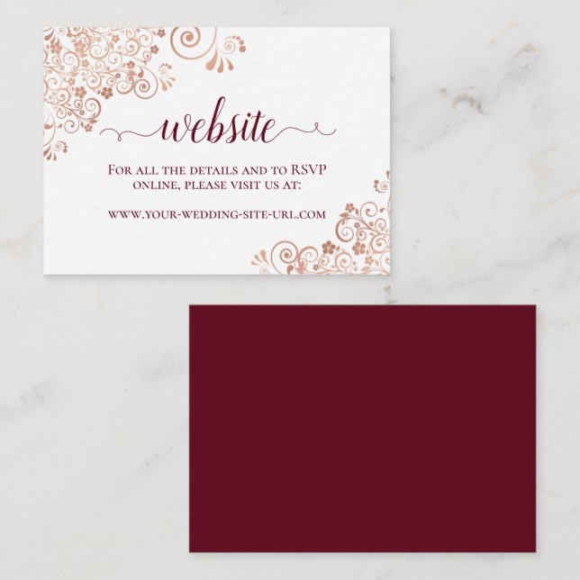 Burgundy & Rose Gold Floral Lace Wedding Website Enclosure Card (Front/Back)