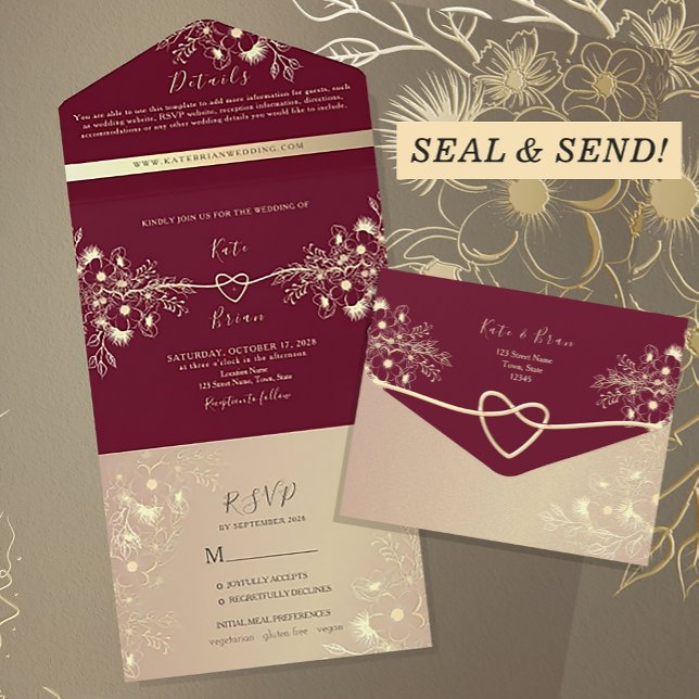 Burgundy Rose Gold Floral Wedding All In One Invitation (Creator Uploaded)