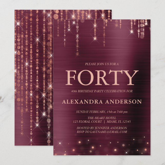 Burgundy Rose Gold Forty 40th Birthday Party Invitation (Front/Back)