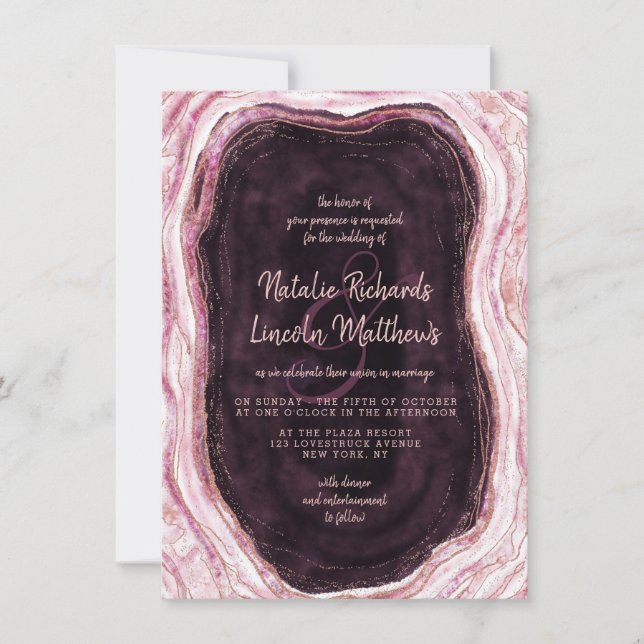 Burgundy & Rose Gold Geode Agate Marble Wedding Invitation (Front)