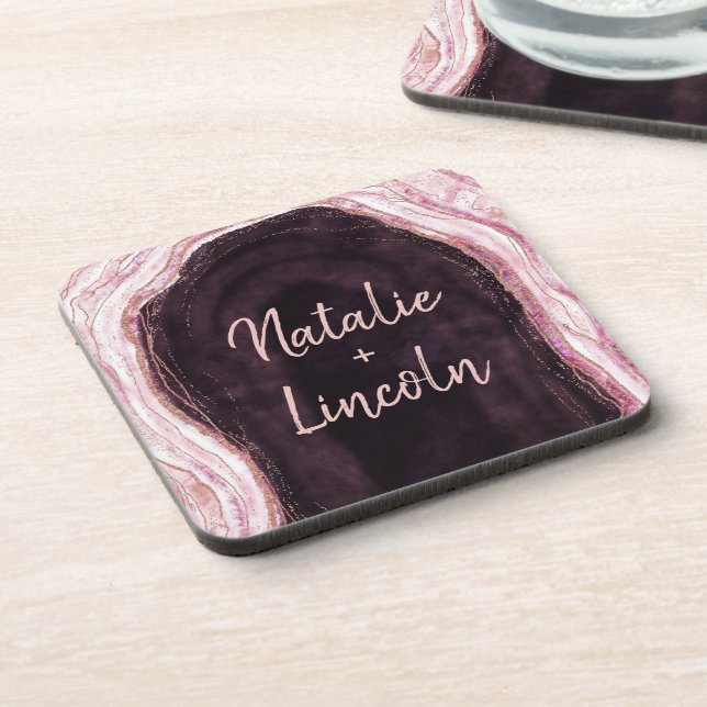 Burgundy & Rose Gold Geode Agate Wedding Monogram Coaster (Left Side)