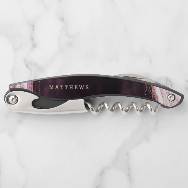 Burgundy & Rose Gold Geode Agate Wedding Monogram Corkscrew (Front)