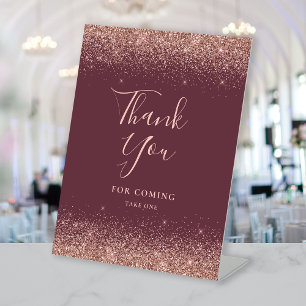 Burgundy Rose Gold Glitter Wedding Thank You Pedestal Sign