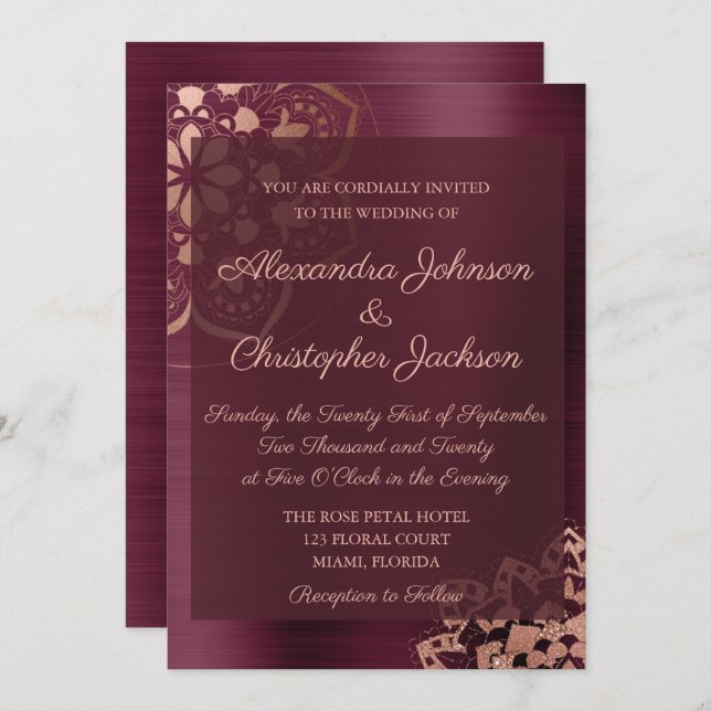 Burgundy & Rose Gold Mandala Wedding Invitation (Front/Back)