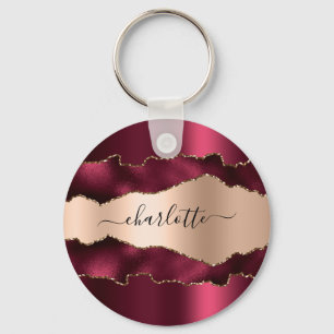 Burgundy rose gold metal agate marble name script keychain
