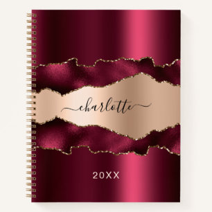Burgundy rose gold metal agate marble name script notebook
