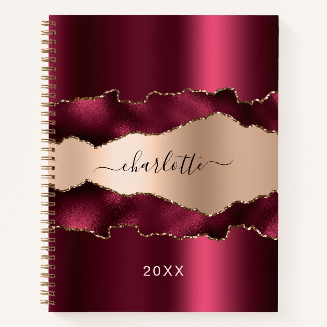 Burgundy rose gold metal agate marble name script notebook (Front)