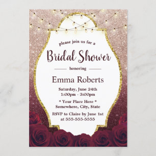 Burgundy & Rose Gold Ombre Glitter Bridal Shower Invitation