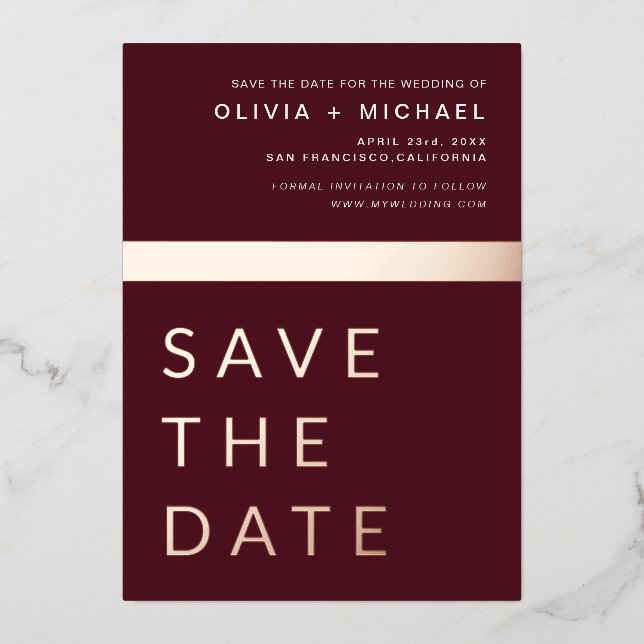 Burgundy Rose Gold Save the Date Elegant  (Front)