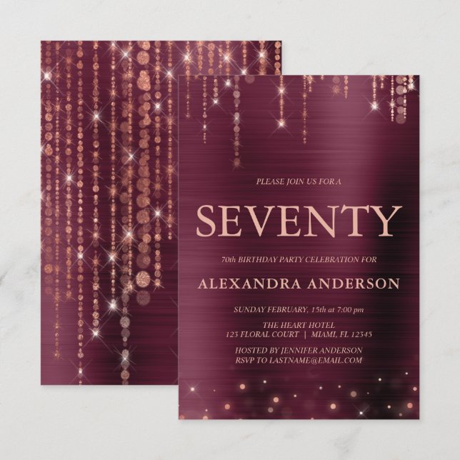 Burgundy Rose Gold Seventy 70th Birthday Party Invitation (Front/Back)