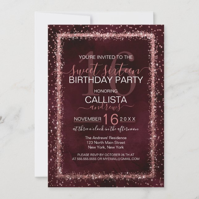 Burgundy Rose Gold Sprinkled Confetti Sweet 16 Invitation (Front)