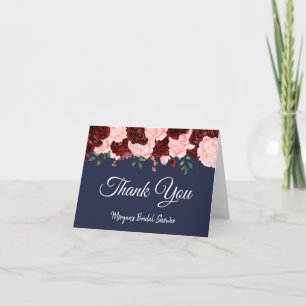 Burgundy Rose Navy Blue Bridal Shower Thank You Card