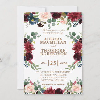 Burgundy Rose Navy Blush Unique Faire-part de mari