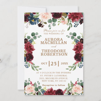 Burgundy Rose Navy Blush Unique Wedding Invitation