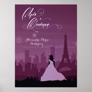 Burgundy Rose Paris Fireworks Quinceañera Poster