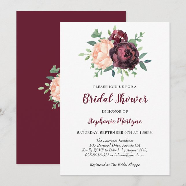 Burgundy Rose Peach Peony Bridal Shower Invitation (Front/Back)