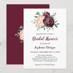 Burgundy Rose Peach Peony Bridal Shower Invitation