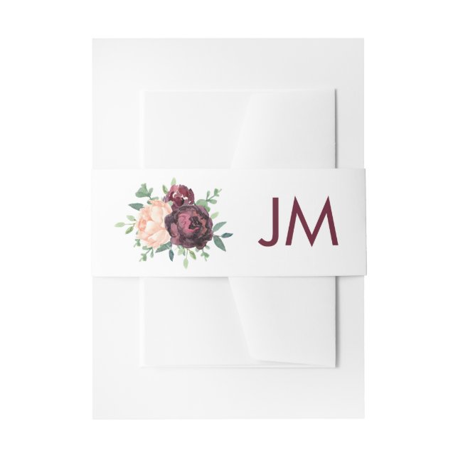 Burgundy Rose Peach Peony Monogram Wedding Invitation Belly Band (Front Example)