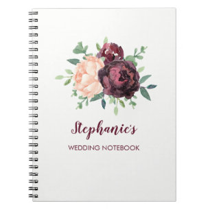 Burgundy Rose Peach Peony Personalized Wedding Notebook