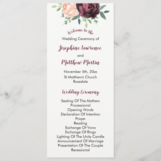 Burgundy Rose Peach Peony Wedding Programs (Front)